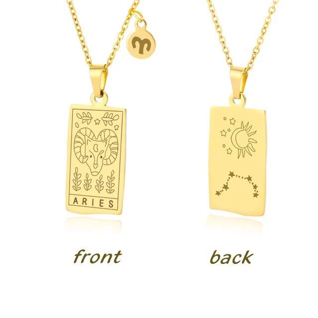 Stainless Steel 12 Zodiac Sign Necklace for Women, Zodiac Pendant, Gold Plated Square Clavicle Chain, Birthday Jewelry, Metal Color: Parallel Import