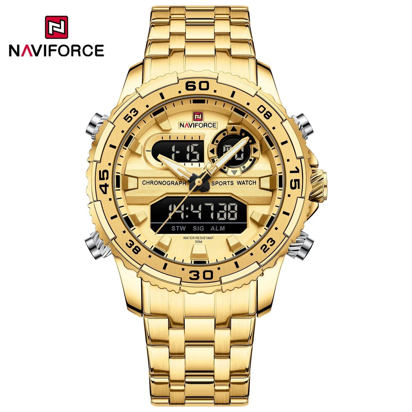 NAVIFORCE Men's Fashion Watch, Black Gold, Quartz, Sports Watch, Waterproof, Stainless Steel Strap, Model NF9234, Parallel Import