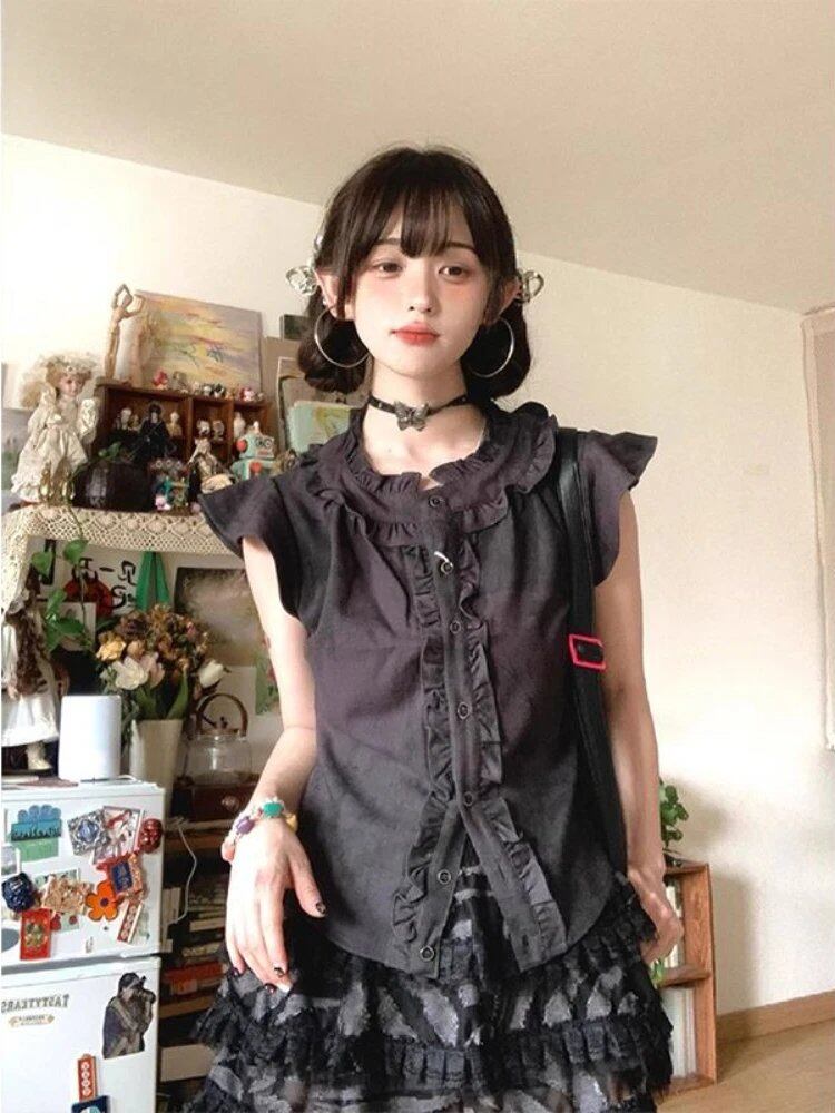 Y2K Subculture Japanese Style Long Sleeve T-Shirt, Lace-Up Gothic Black Tee, Women's Streetwear, Punk Design, Size: Parallel Import