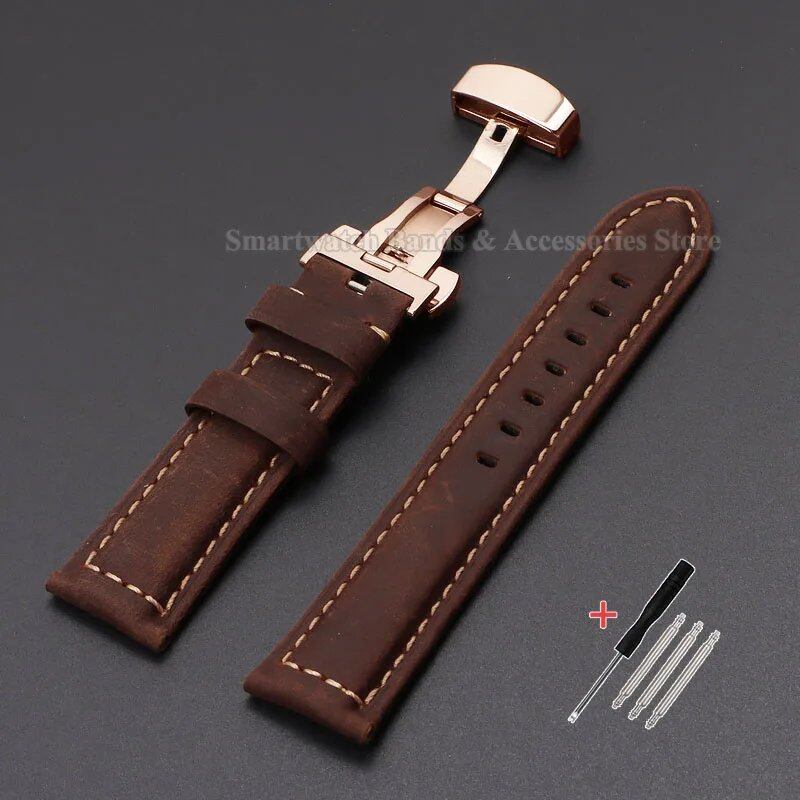 Vintage-style calf leather strap for Panerai and Seiko watches in sizes 20mm, 22mm, 24mm, and 26mm. Features a metal butterfly clasp. Band color: mm. Parallel import.