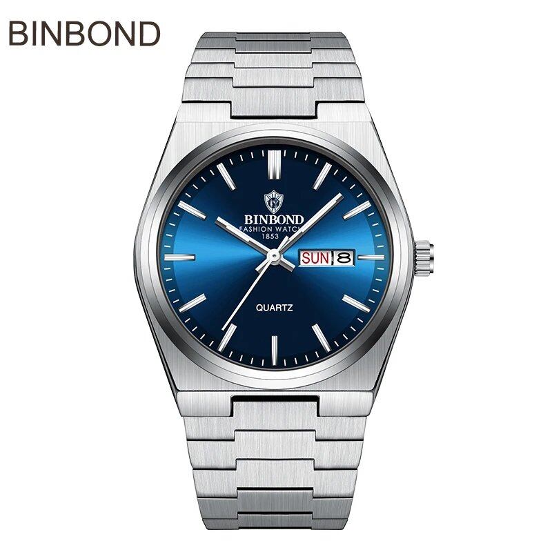 BINBOND Top Brand Luxury Men's Quartz Watch, Original Waterproof, Luminous Display, Date, Day of the Week, Stainless Steel, Color: B102; Customization Unavailable, Parallel Import