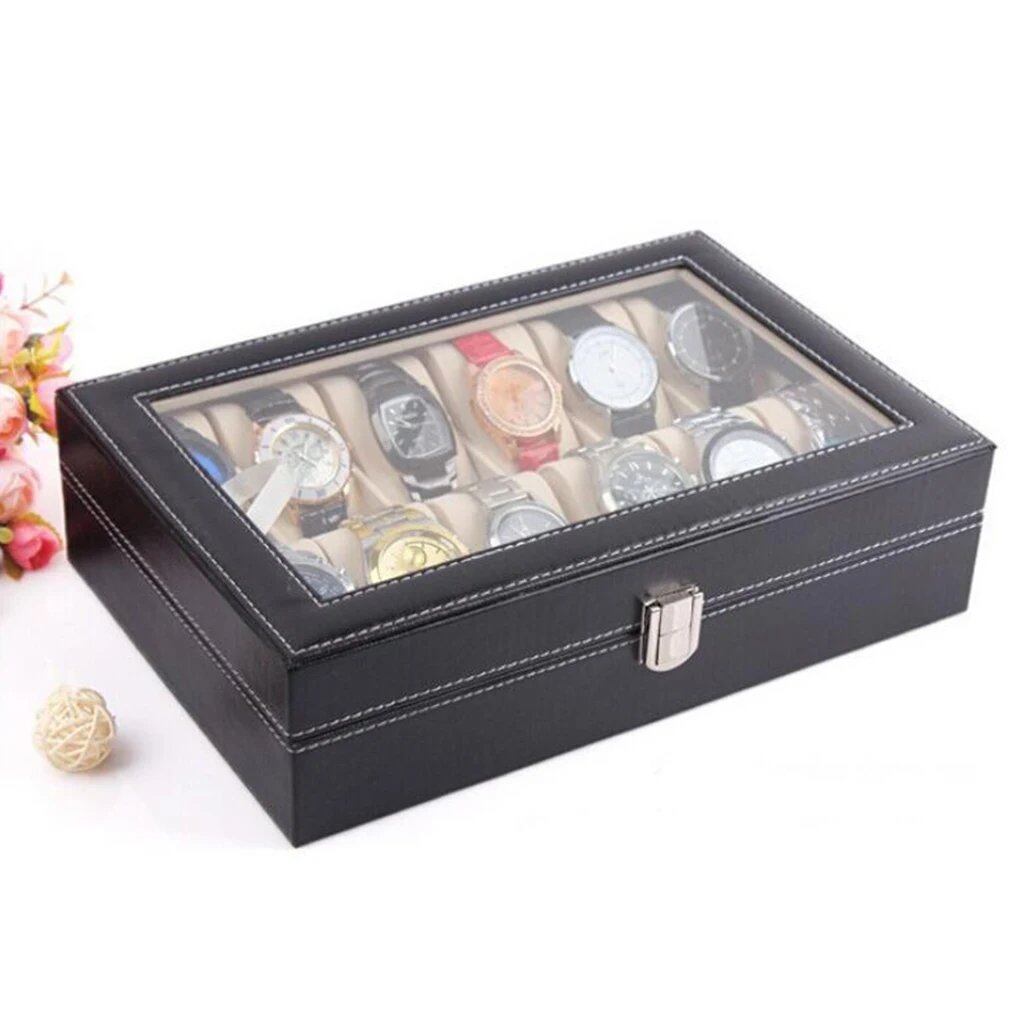 Portable Leather 10-Slot Watch Storage Box with Glass Top, Watch & Jewelry Display Case, Gift Box. Ships from: Parallel Import.