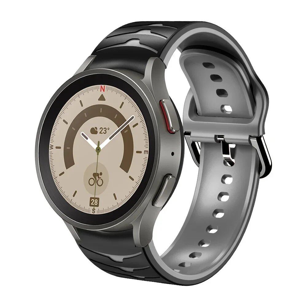 Compatible with Samsung Galaxy Watch 5 Pro (45mm), 6/5/4 (40mm), and 44mm. Two-tone silicone strap with no-grip. Compatible with Galaxy Watch 6/4 Classic (47mm), 43mm. Band Color: Compatible with Galaxy Watch 4, 5, 6, and 7. Parallel import.