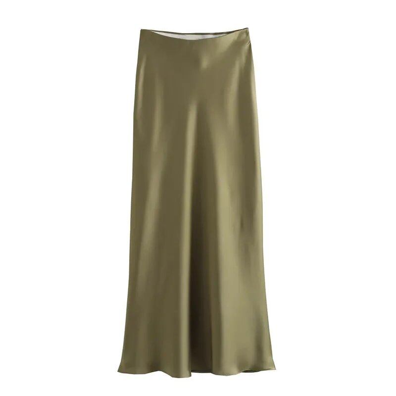 TRAF Women's 2024 High-Waisted Satin Skirt, Long, Summer, Black, Midi Length, Office, Elegant, Size: Parallel Import