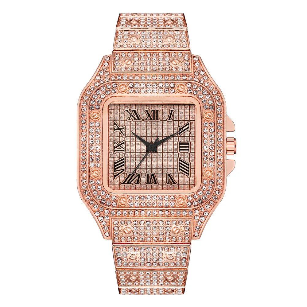 Luxury Classic Business Men's Watch with Steel Band, Square Shape, Roman Numerals, Rhinestones, Quartz Movement; Ships from: Parallel Import