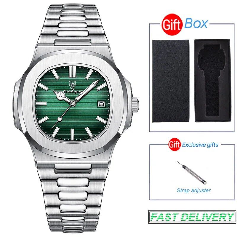 POEDAGAR Stainless Steel Men's Watch, Waterproof, Business Style, with Calendar, Quartz Movement, Luxury Laminated Square Design, Parallel Import