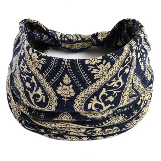 New Boho Floral Print Wide Headband with Vintage Knot Elastic Turban Headwrap for Women and Girls, Cotton Soft Bandana Hair Accessory, Parallel Import