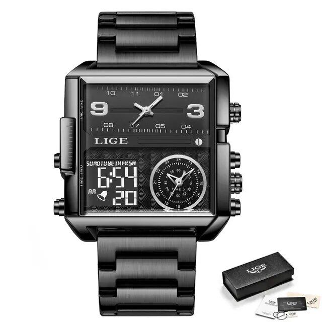 LIGE Luxury Original Men's Sports Wristwatch, Gold Quartz Movement, Stainless Steel, Waterproof, Dual Display, Clock, Relogio Masculino, Parallel Import