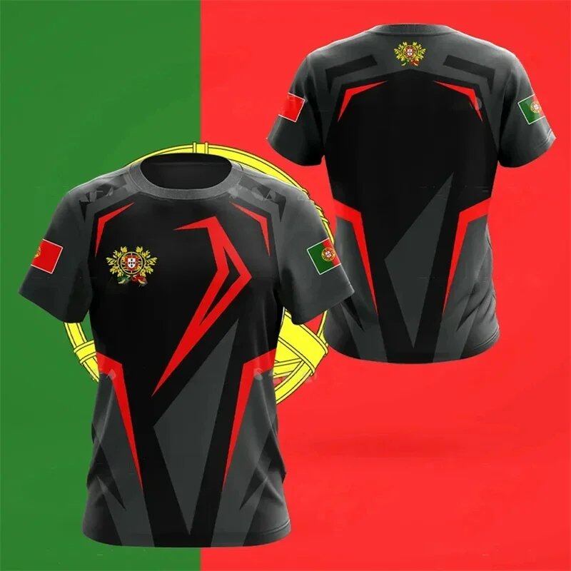 3D Printed Portuguese Flag T-Shirt with Portuguese Emblem and Spiritual Totem, Men's Short Sleeve Cool T-Shirt, Streetwear, Size: Parallel Import