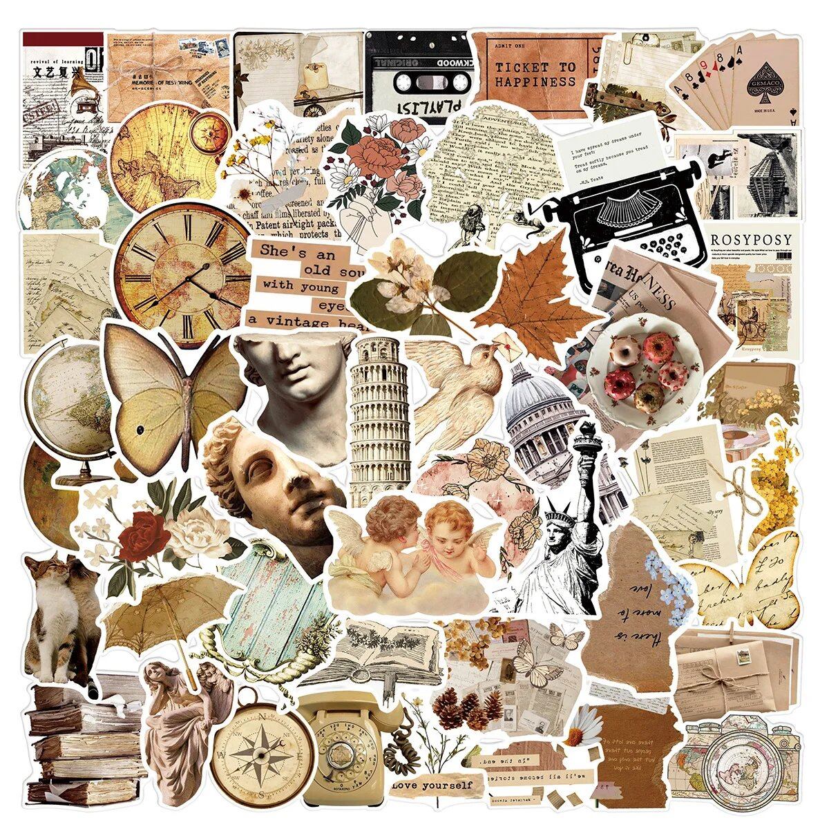 10/25/50 Sheets Retro Vintage Art Stickers, Stylish Decals for Laptops, Tablets, Smartphones, Refrigerators, Travel Bags, Water Bottles, Scrapbooks, and Cars. Color: Parallel Import.