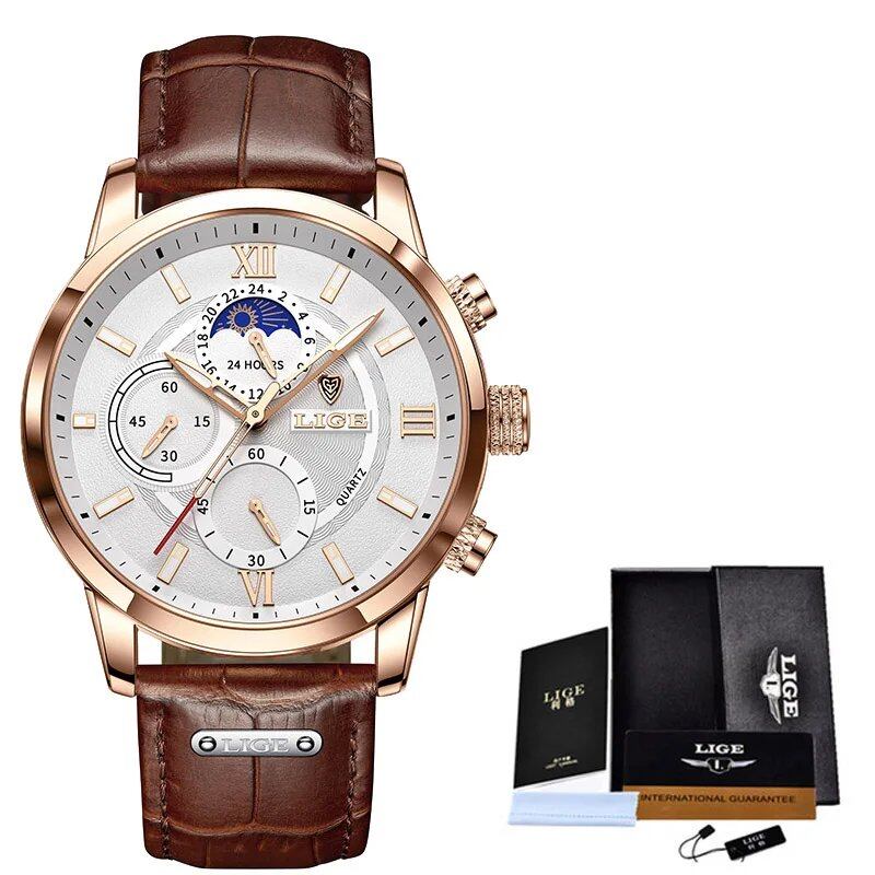 LIGE Men's Watch, Top Brand, Luxury Leather Quartz Movement, Waterproof Sport Watch, Color: Parallel Import