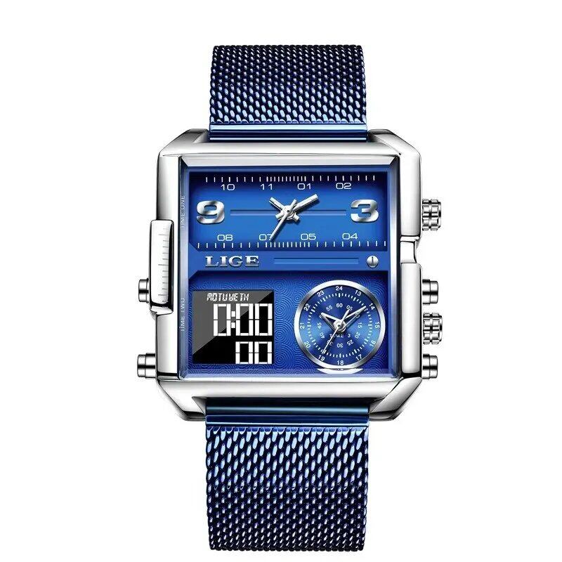 LIGE Luxury Original Men's Sports Wristwatch, Gold Quartz Movement, Stainless Steel, Waterproof, Dual Display, Clock, Relogio Masculino, Parallel Import