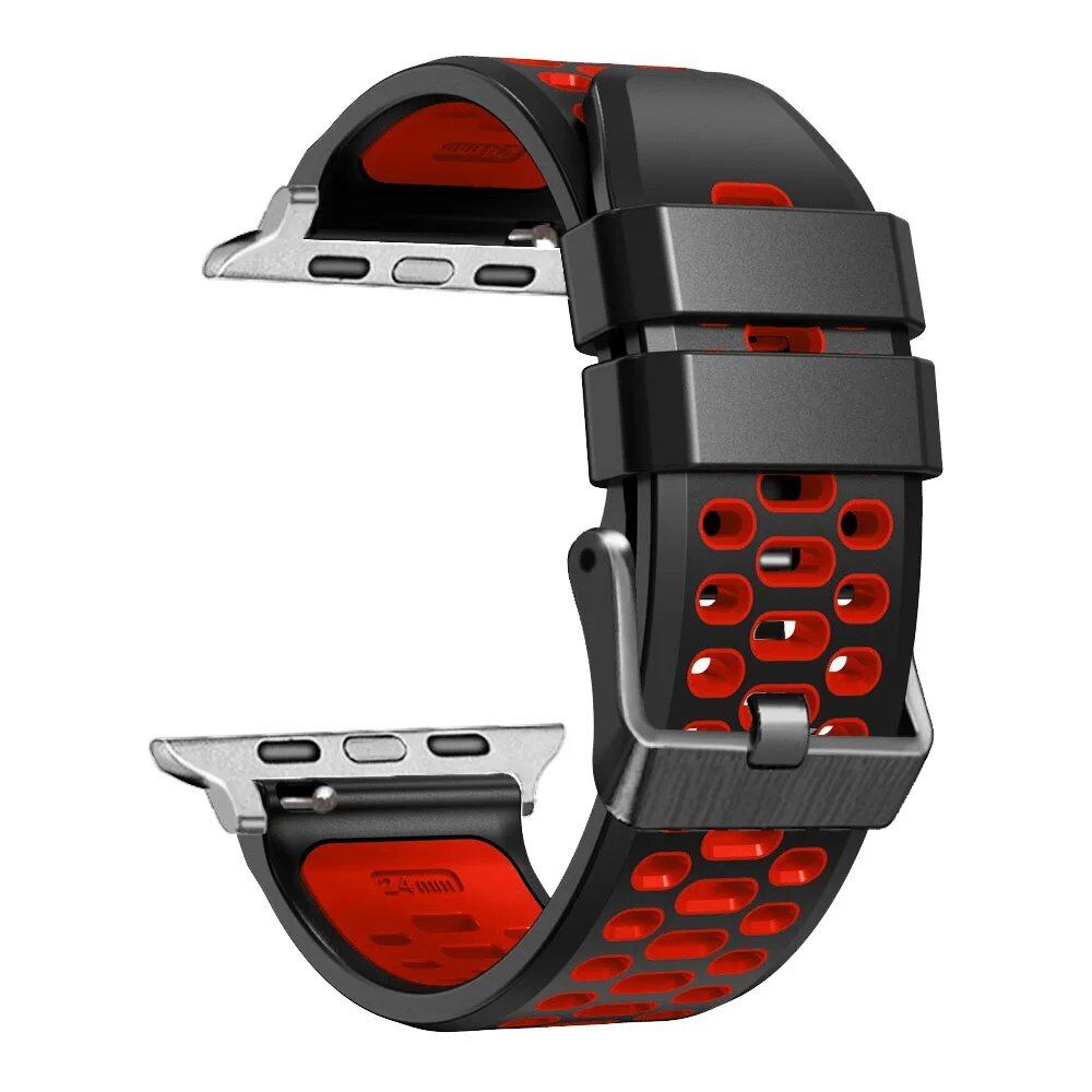 Breathable silicone wristband for Apple Watch Ultra 2 (49mm) / Series 9, 8, 7, SE, and 6 (45mm, 44mm, 42mm). Band Colors: 49mm, 45mm, 44mm, 42mm. Parallel import.