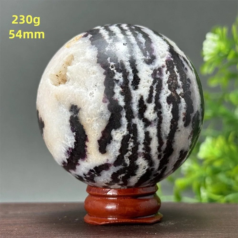 Natural Purple Zebra Fluorite Ball for Reiki Healing, Spiritual Meditation, Chakra Therapy, Magic, Ritual, Divination, Home Decoration, with Stand, Color: A, Parallel Import