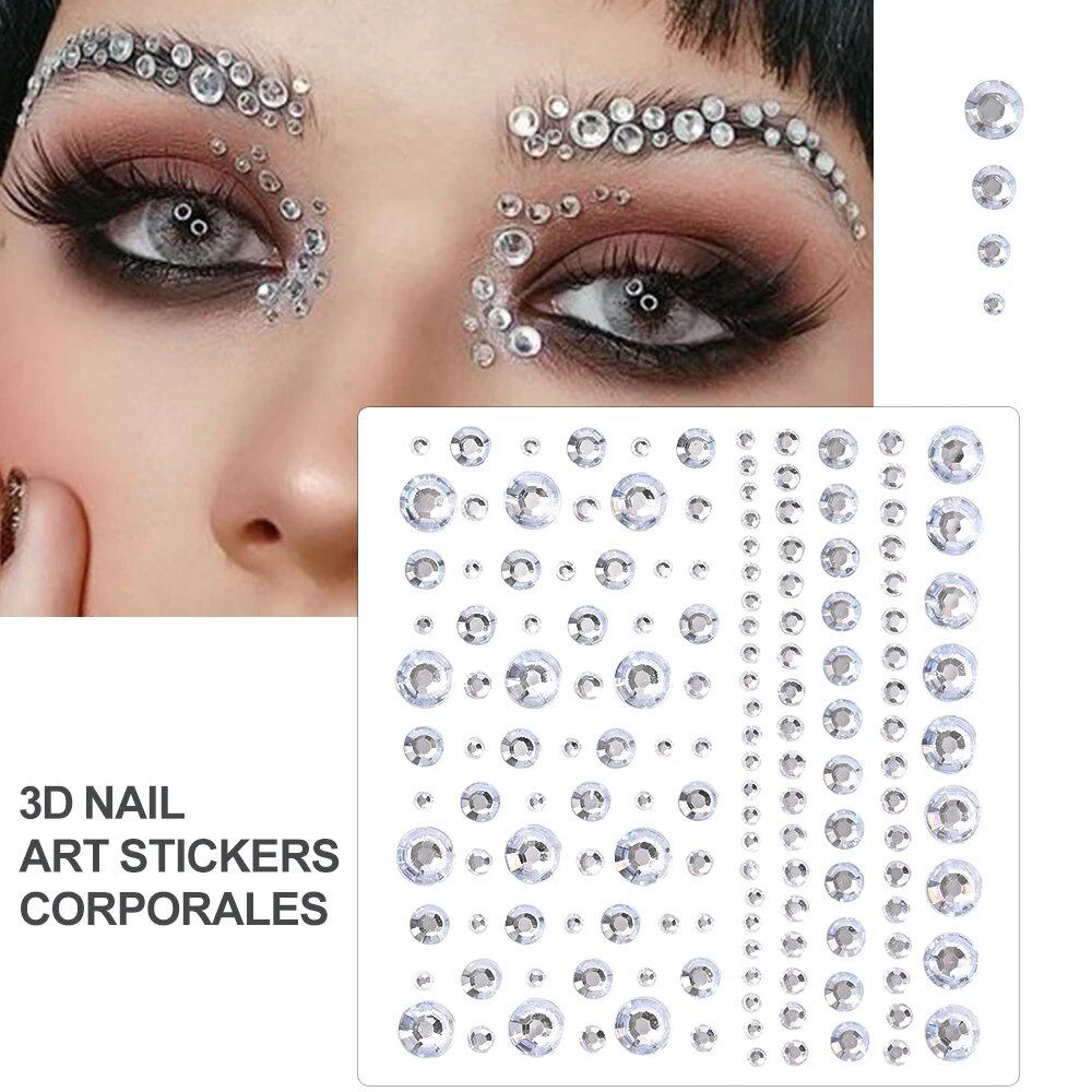 1/5/8-Piece 3D Face and Eye Tattoo Stickers for Party Makeup, Diamond Rhinestone Stickers, Self-Adhesive Mixed Crystal Face Decoration Stickers, Parallel Import