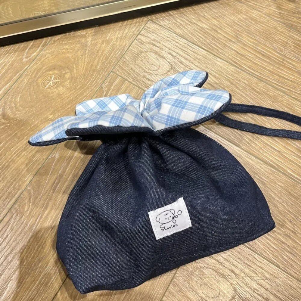 文学調チェック柄フラワー巾着 かわいい布小物収納ポケット 携帯便利 小型クロスボディバッグ ショッピングバッグ 並行輸入品