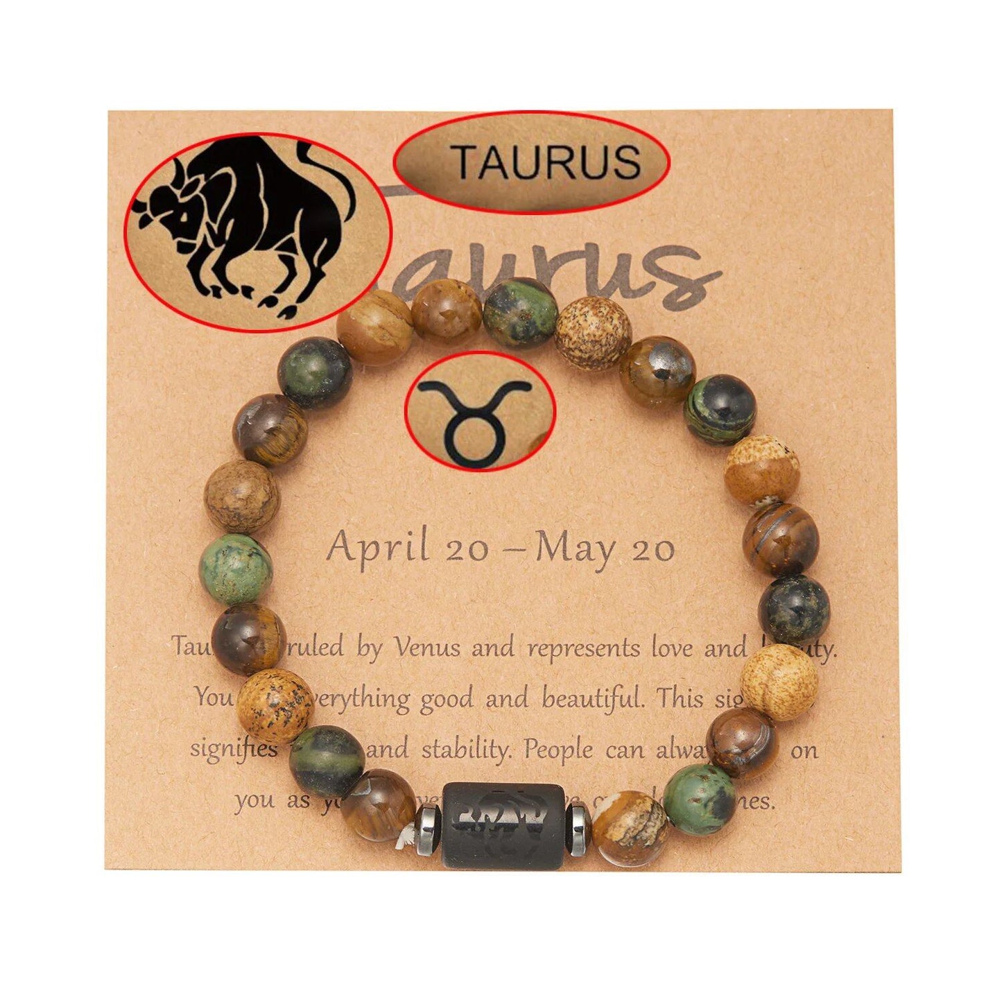 Natural Tiger Eye Beads 12 Zodiac Sign Bracelet for Men and Women, featuring Aries, Taurus, and Virgo. Metal Color: BR23Y0501 - Parallel Import