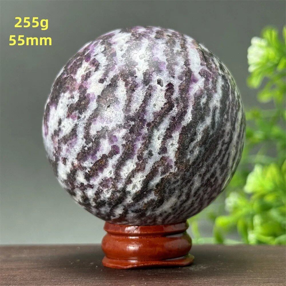 Natural Purple Zebra Fluorite Ball for Reiki Healing, Spiritual Meditation, Chakra Therapy, Magic, Ritual, Divination, Home Decoration, with Stand, Color: A, Parallel Import
