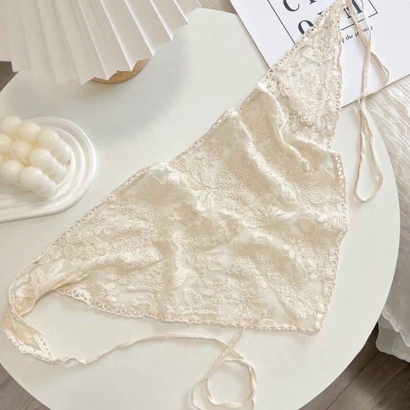 New Lace Triangle Bandana Headscarf, Beige, French Farm Style, Girly Korean Style, Instagrammable, Lace-Up Hairband, Top Cap, Size: One Size Fits Most; Color: Parallel Import