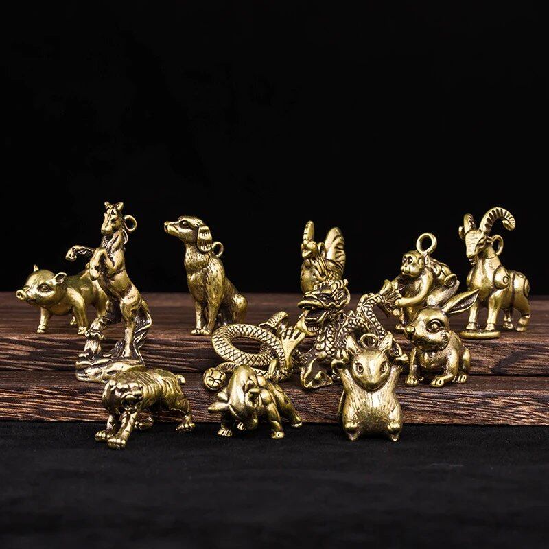Set of 12 Brass Zodiac Tiger, Dragon, Rat, and Horse Miniature Figurines for DIY Animals, Fairies, Home Decor, Parallel Import