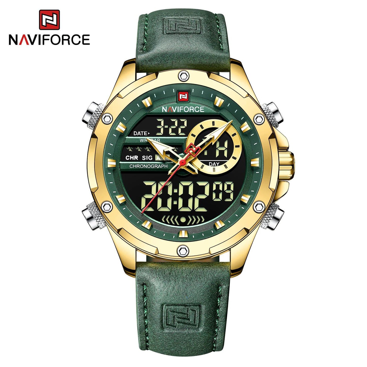 NAVIFORCE Men's Luxury Original Watch, Casual Sports Watch with Chronograph, Alarm, Quartz Movement, Leather Strap, Waterproof, Digital Watch, 9163, Color: Parallel Import