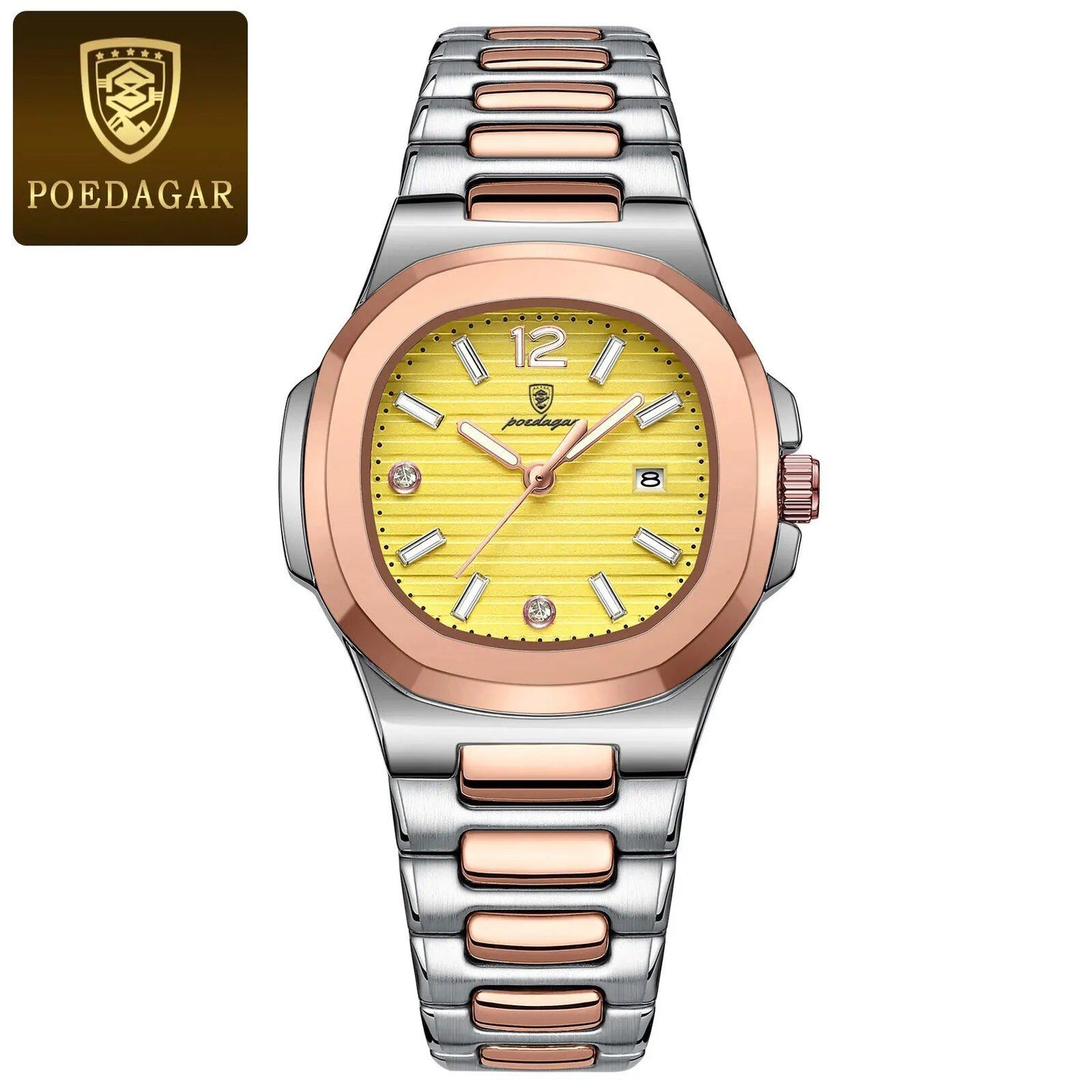 POEDAGAR Women's Luxury Square Watch, Waterproof, Illuminated, Date Function, Elegant Quartz Movement, Simple Design, Color: 708, Parallel Import