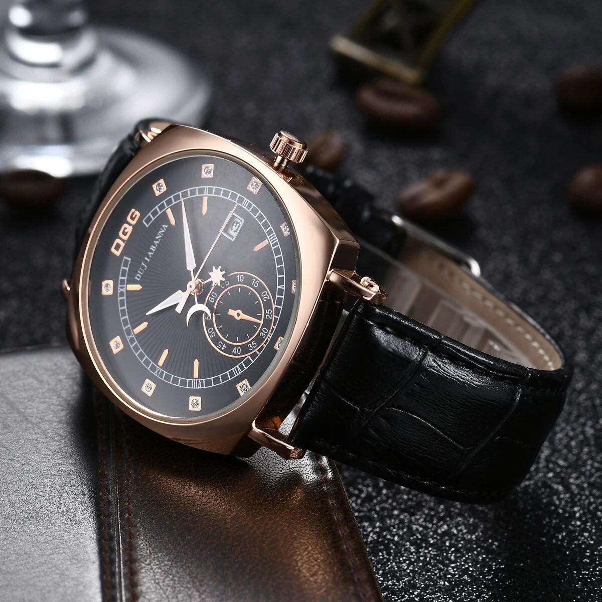 New Men's Luxury Square Quartz Watch with Date Calendar and Leather Strap, Relogio Masculino, Imported