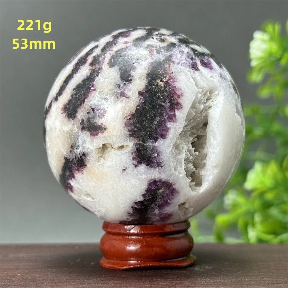 Natural Purple Zebra Fluorite Ball for Reiki Healing, Spiritual Meditation, Chakra Therapy, Magic, Ritual, Divination, Home Decoration, with Stand, Color: A, Parallel Import
