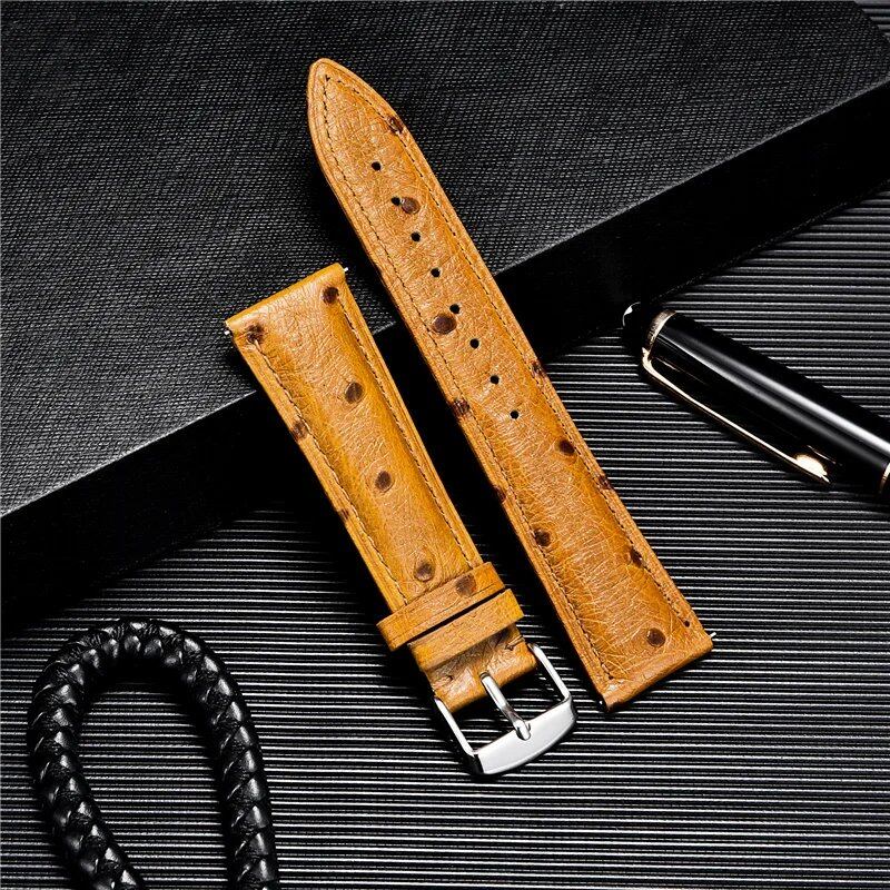 Ostrich-look leather strap, soft quick release, available in 18mm, 20mm, and 22mm sizes. Available in blue, black, red, and brown. Band color: mm. Parallel import.
