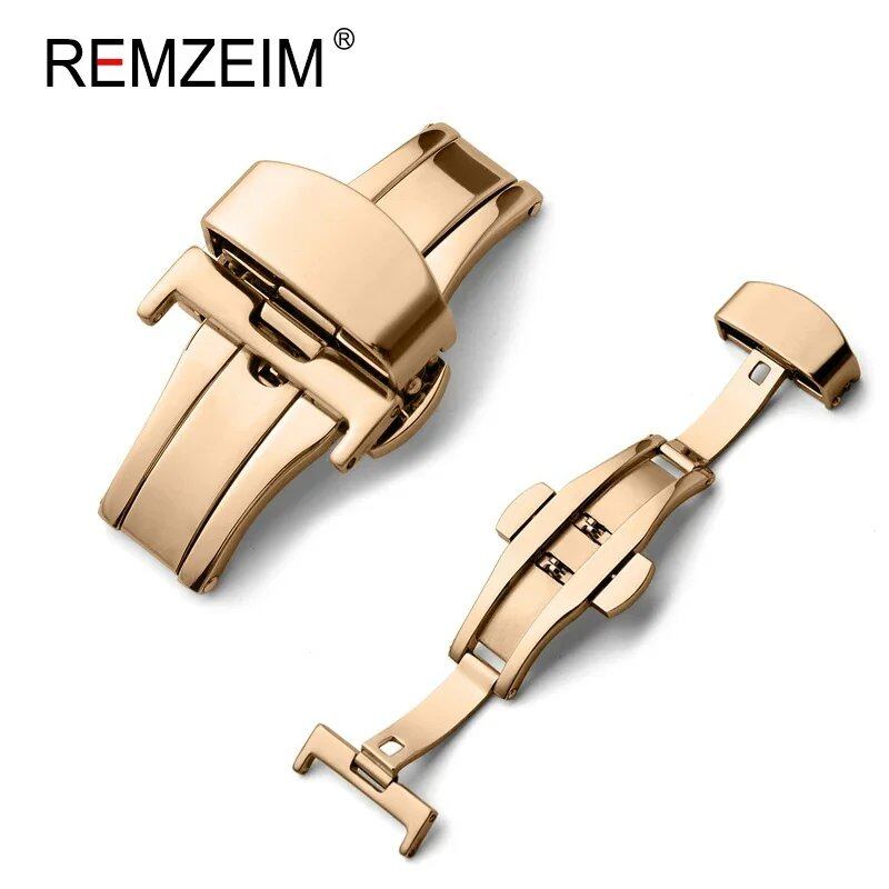 Stainless steel butterfly buckle watch strap with button closure and metal clasp, available in 14mm, 16mm, 18mm, 20mm, and 22mm bands. Parallel import.