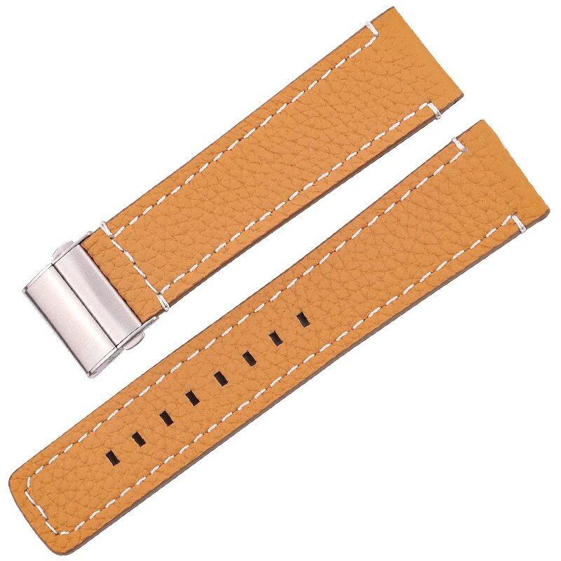 Genuine Leather Watch Band Strap for Men and Women, 18mm, 20mm, 22mm, 24mm, Black, Brown, Blue, Soft Cowhide Leather with Deployment Clasp, Band Color: Brown, Parallel Import