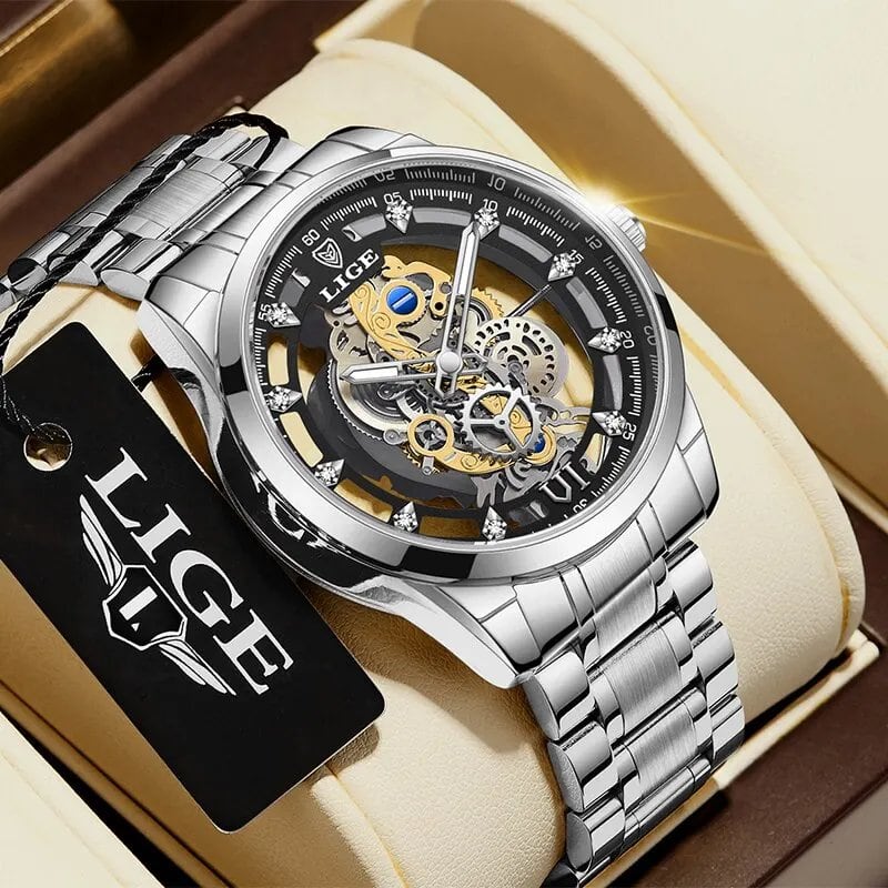 LIGE New Men's Skeleton Quartz Watch, Gold, Retro, Top Brand, Luxury Watch, Men's, Relo Hombre, Color: Parallel Import