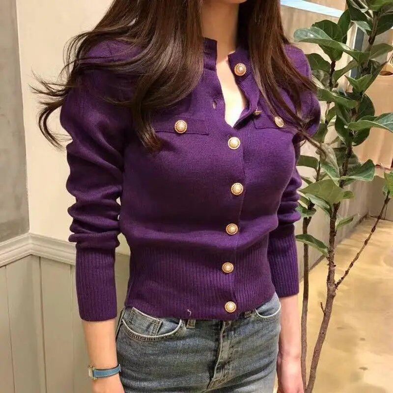 Autumn Women's Long Sleeve Knit Cardigan, Short Length, Casual, Single-Breasted, Korean Style, Slim Fit, Stylish Top, Size: One Size Fits Most; Parallel Import