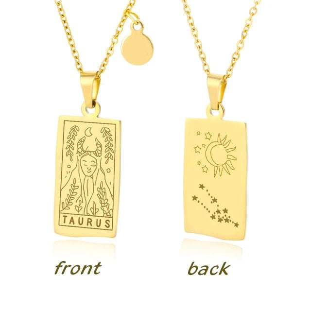 Stainless Steel 12 Zodiac Sign Necklace for Women, Zodiac Pendant, Gold Plated Square Clavicle Chain, Birthday Jewelry, Metal Color: Parallel Import