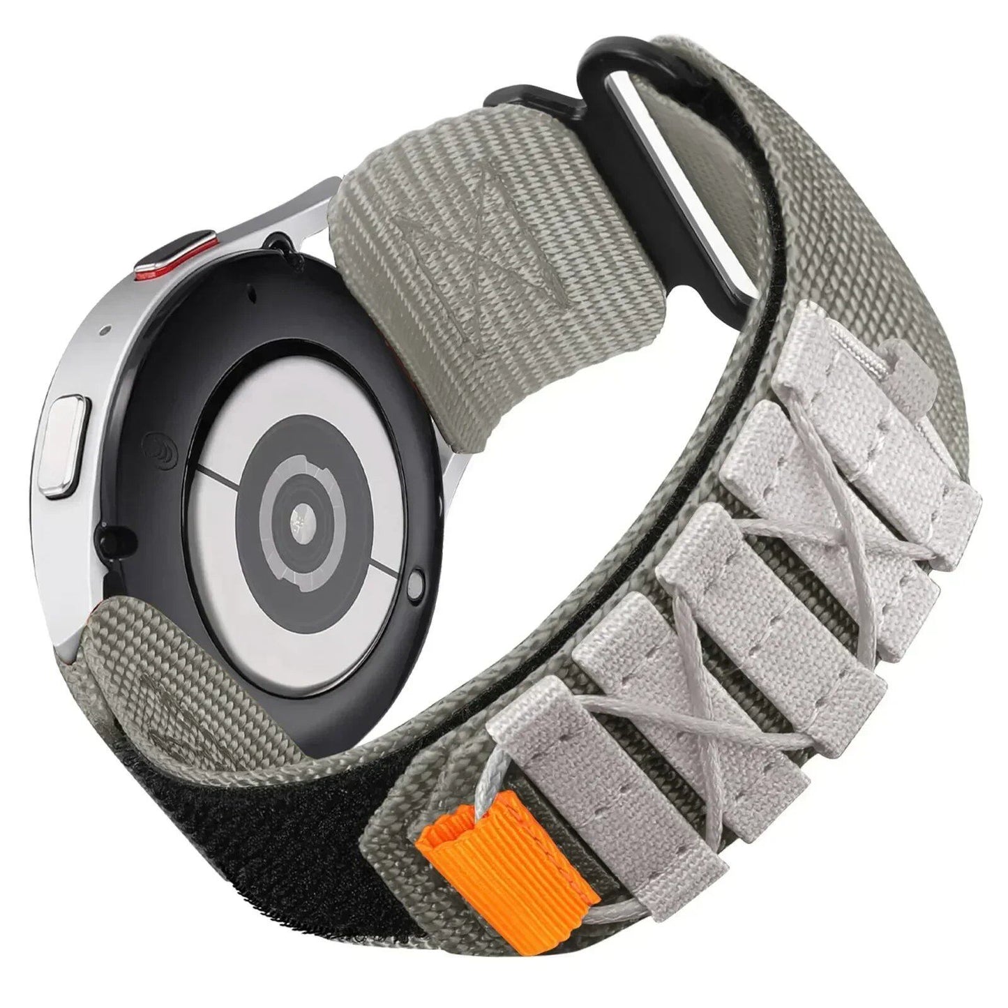 Compatible with Samsung Galaxy Watch 7, 6, 5, 4 (40mm), 5 Pro, 6 Classic (47mm), and HUAWEI WATCH 4, GT3, and 4 Pro. Nylon sports strap (22mm and 20mm). Sizes: mm. Parallel import.