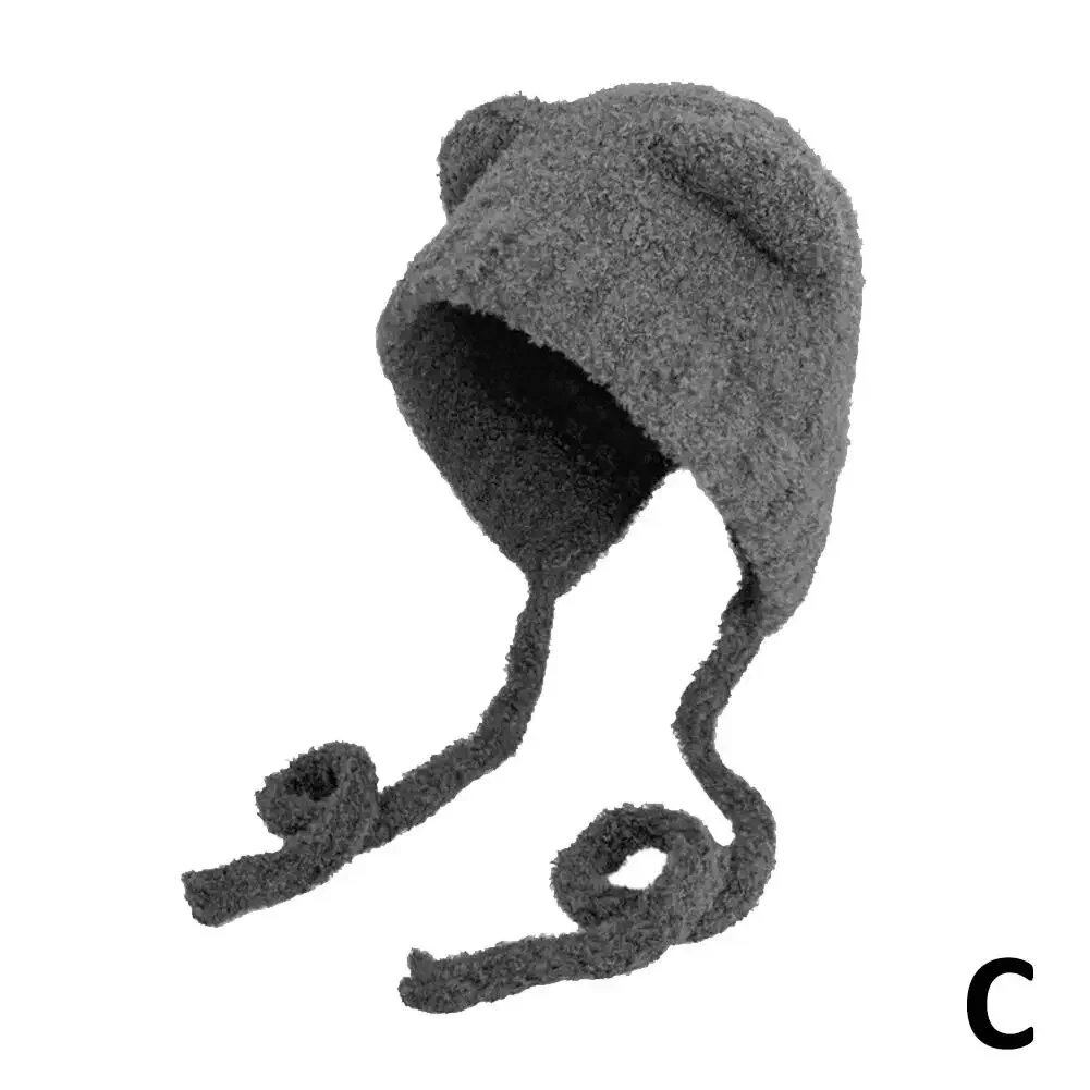 Winter Plush Beanie, Cute Bear Ear Wool Hat with Warm Lace-Up Ears, Korean Style Knitted Hat for Women, Bonnet Cap; Ships from: Parallel Import