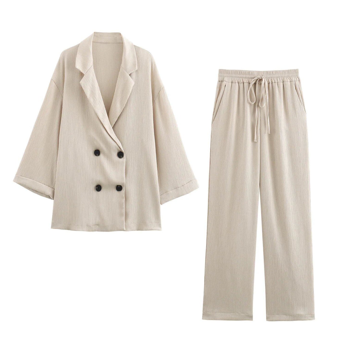 Women's Casual Blazer and Pants Set for Fall/Winter, Double-Breasted Long Sleeve Blazer and Wide-Leg Pants, Size: As Pictured, Color: Parallel Import