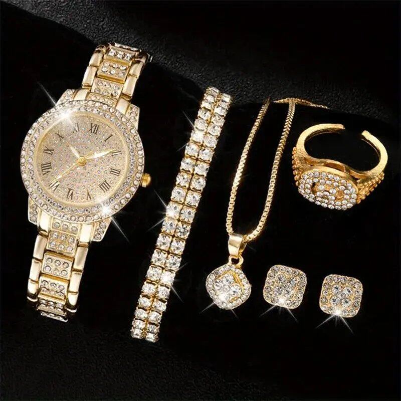 Set of 6 Women's Luxury Elegant Alloy Crystal Bracelet Quartz Watches with Glitter Stones, Gift for Women, Parallel Import