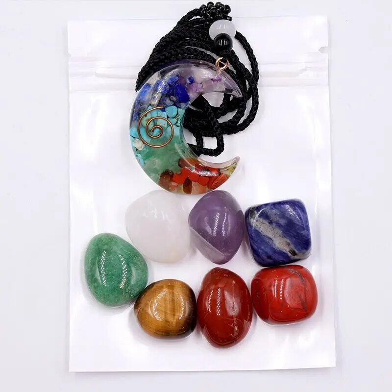 7 Chakra Natural Healing Crystal Stone Crescent Moon Orgone Energy Pendant Necklace with Spiritual Quartz and Tumbled Gemstone, Metal Color: Parallel Import