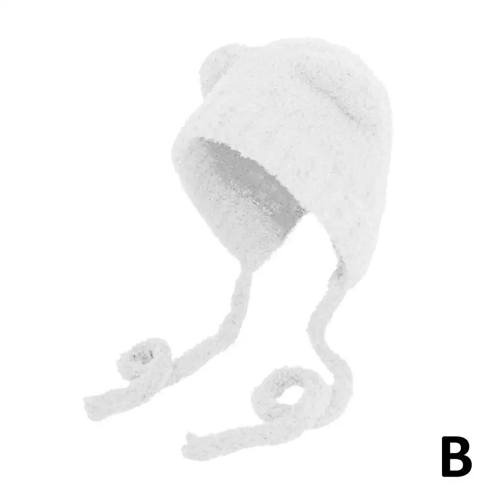 Winter Plush Beanie, Cute Bear Ear Wool Hat with Warm Lace-Up Ears, Korean Style Knitted Hat for Women, Bonnet Cap; Ships from: Parallel Import