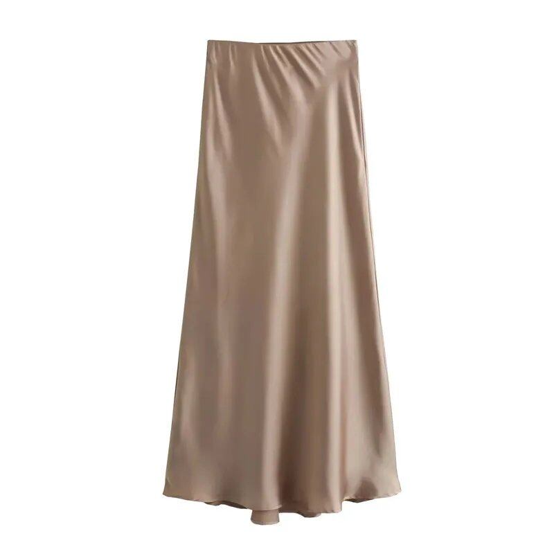 TRAF Women's 2024 High-Waisted Satin Skirt, Long, Summer, Black, Midi Length, Office, Elegant, Size: Parallel Import
