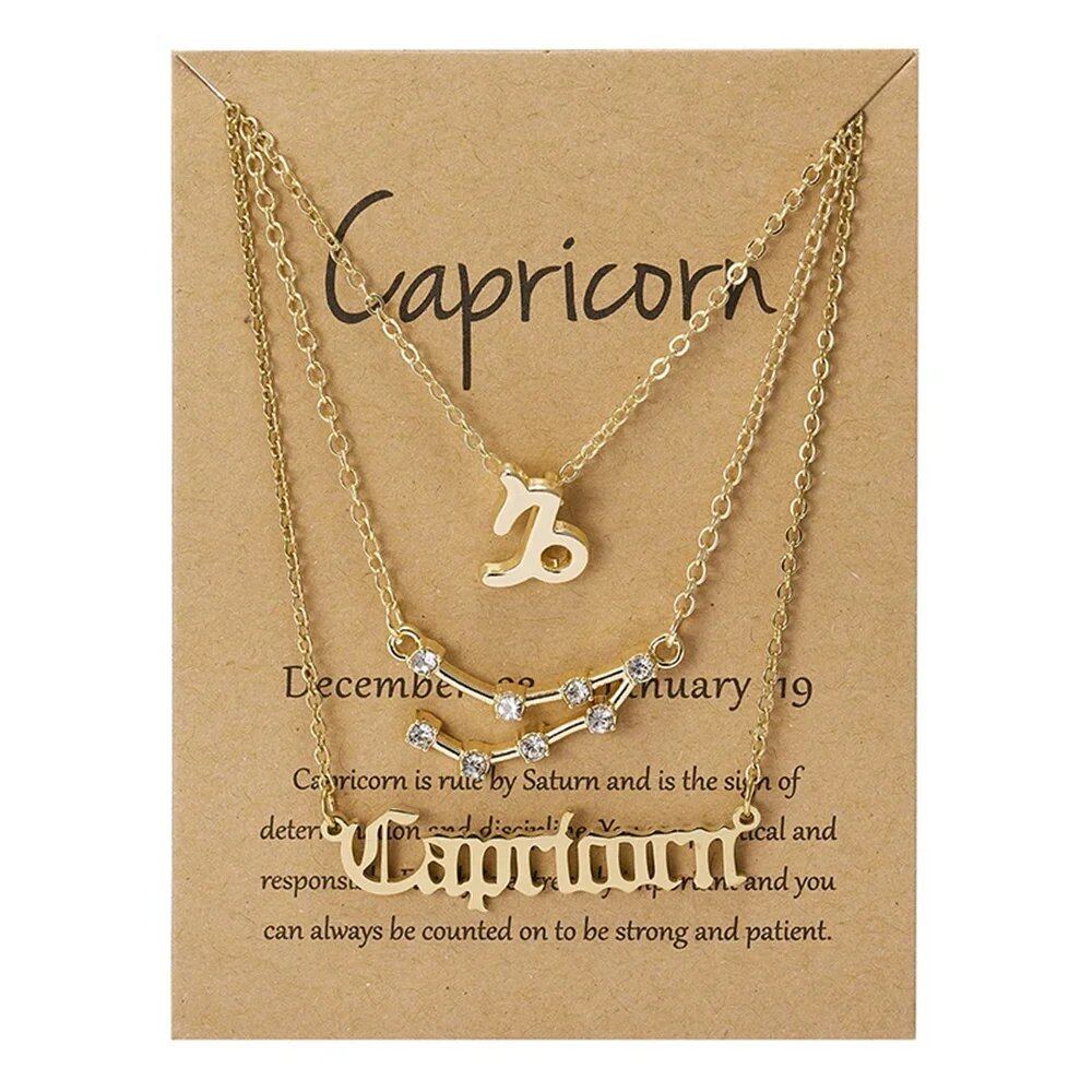 Set of 3 Women's 12 Zodiac Sign Necklaces with Pendant Chains, Chokers, Birthday Jewelry, Cardboard Cards, 45cm Long; Metal Color: 6252, Parallel Import