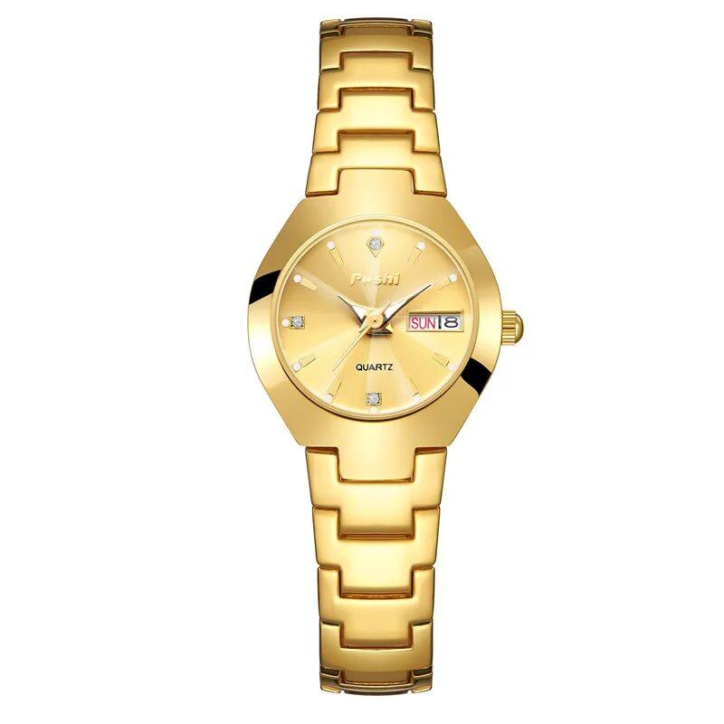 Swiss Brand POSHI Women's Stainless Steel Watch, Simple Design, Waterproof, Luminous, Date and Day Display, Quartz Movement, Elegant Bracelet, Gift-Ready, Parallel Import