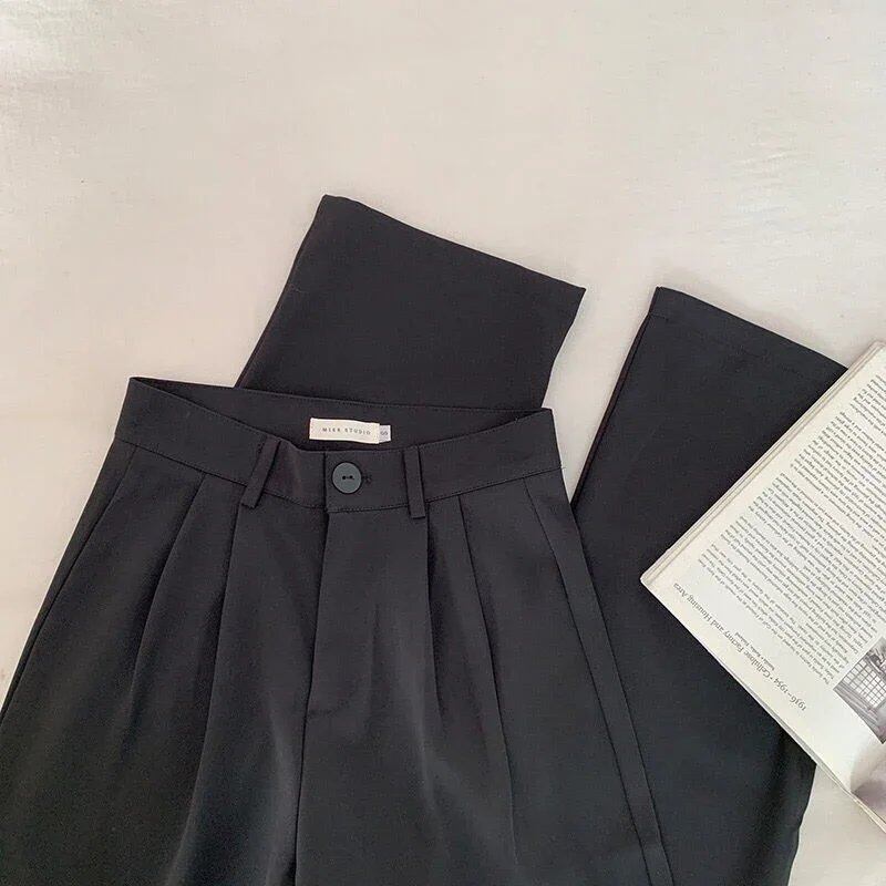 High-waisted women's suit pants, straight fit, loose fit, Korean fashion, casual, button-down, black, new, 2024 size, parallel import.