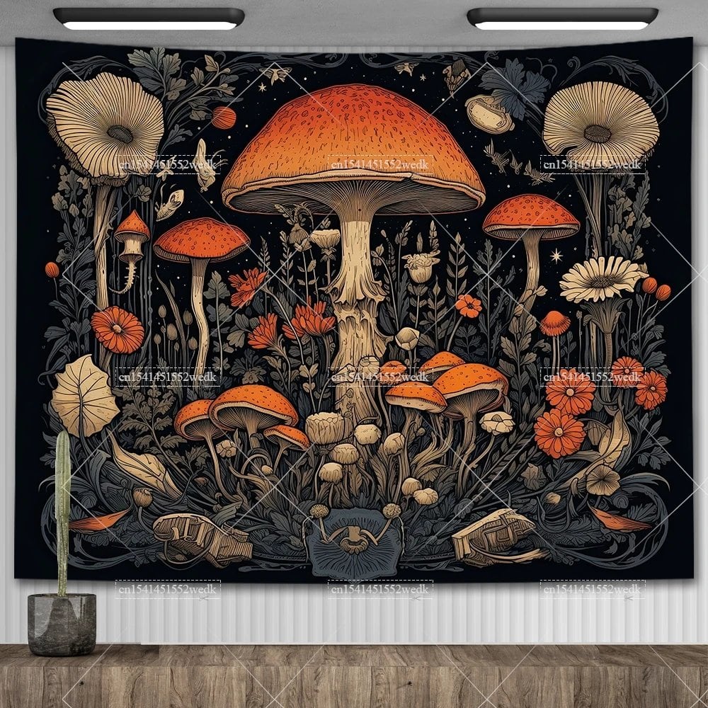 Mushroom Tapestry, Botanical Bohemian Floral, Spiritual Room Decor, Stylish Party Backdrop, Yoga Blanket for Bedroom, Size: Parallel Import