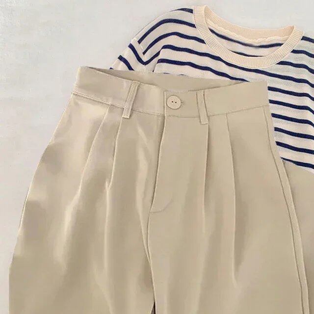 High-waisted women's suit pants, straight fit, loose fit, Korean fashion, casual, button-down, black, new, 2024 size, parallel import.