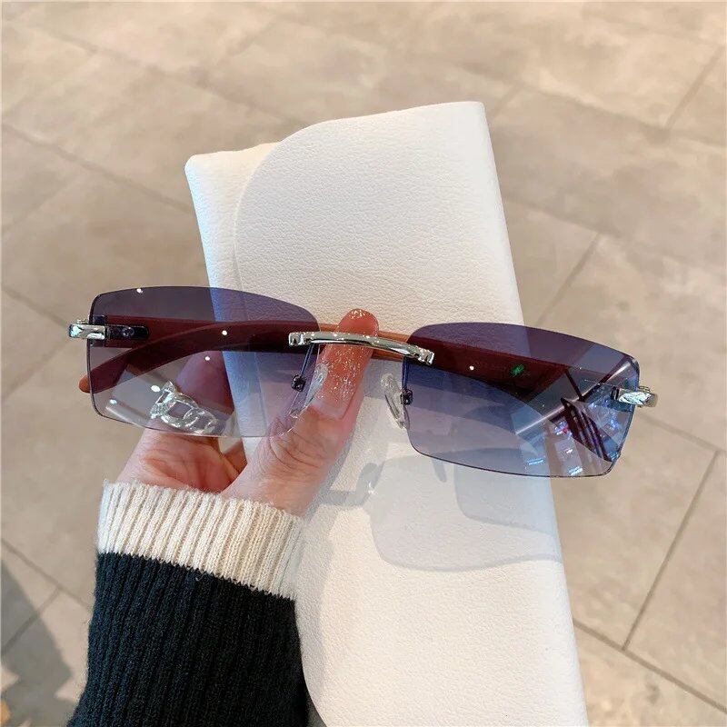 Men's and Women's Frameless Imitation Wood Grain Mirrored Leg Sunglasses, Fashionable, Parallel Import