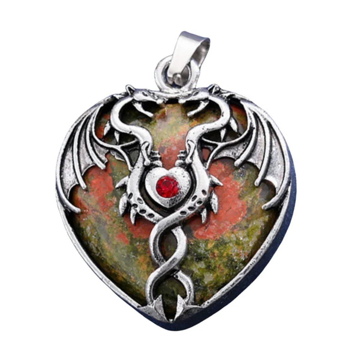 Natural Power Stone Heart-Shaped Antique Silver Alloy Double Dragon Pendant Top for DIY Jewelry Making, Healing, Chakra, and Spiritual Use, 32x42mm, Metal Color: Parallel Import