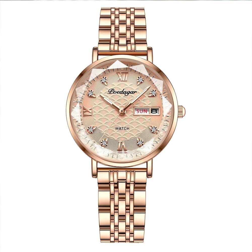POEDAGAR Women's Watch, New Fashion, Luxury Stainless Steel Bracelet, Simple Rose Gold, Waterproof, Luminous, Color: 3011, Rose Gold, Parallel Import