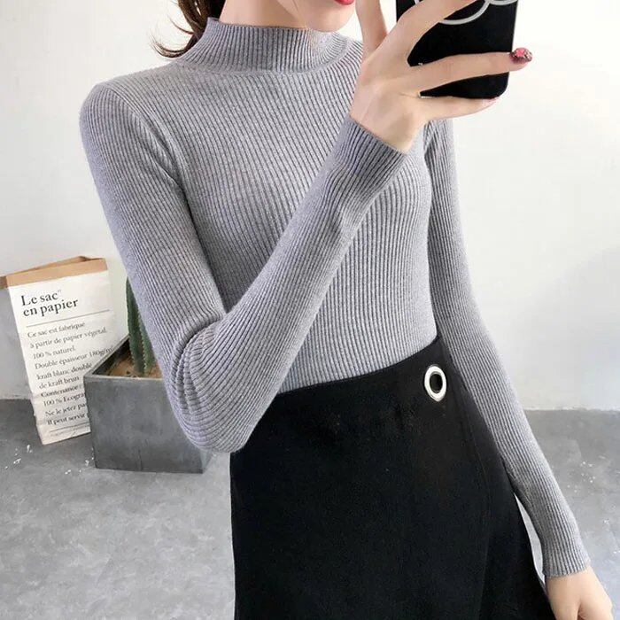 Women's Autumn/Winter Mock Neck Sweater, Vintage Basic Solid Knit Korean Style Top, Casual Slim Pullover Sweater, Simple Chic Jumper, Size: One Size Fits Most; Imported